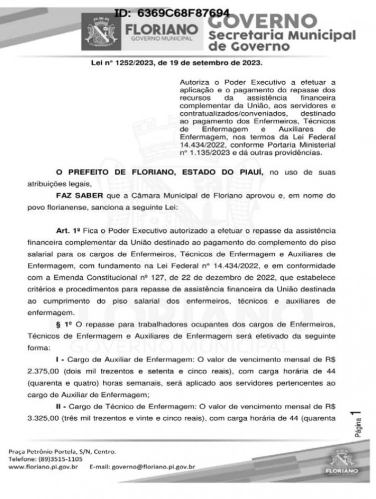 Sancionada lei que garante o complemento do piso salarial da Enfermagem de Floriano