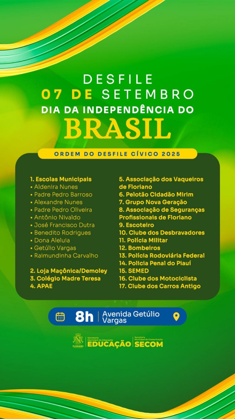 7 de setembro: Prefeitura de Floriano divulga ordem de apresentações do desfile cívico