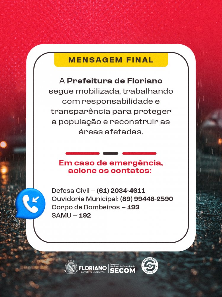 Prefeitura de Floriano decreta situação de emergência após fortes chuvas no município