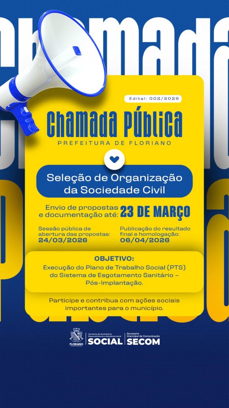 Prefeitura de Floriano abre chamada pública para seleção de Organização da Sociedade Civil
