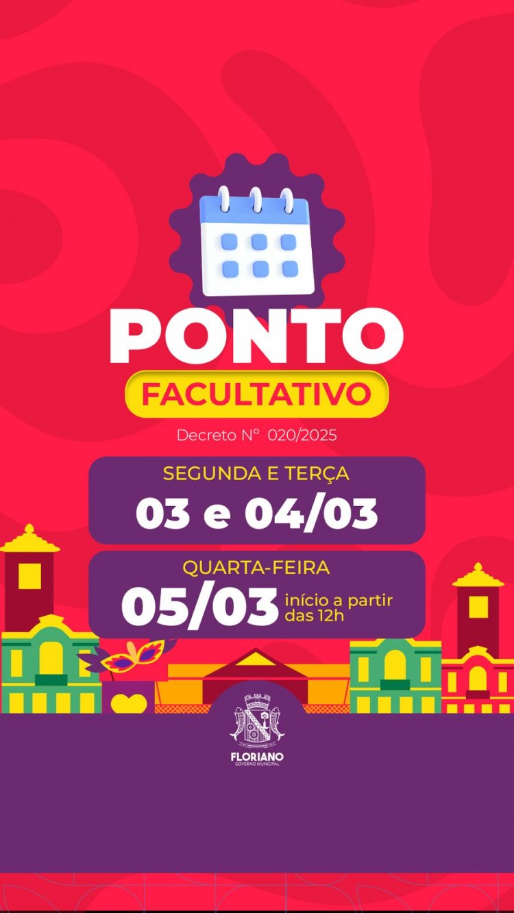 Prefeitura de Floriano decreta ponto facultativo durante período de Carnaval