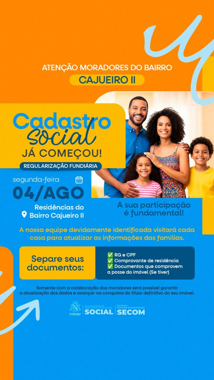 Prefeitura de Floriano inicia cadastramento social no bairro Cajueiro II a partir de 4 de agosto