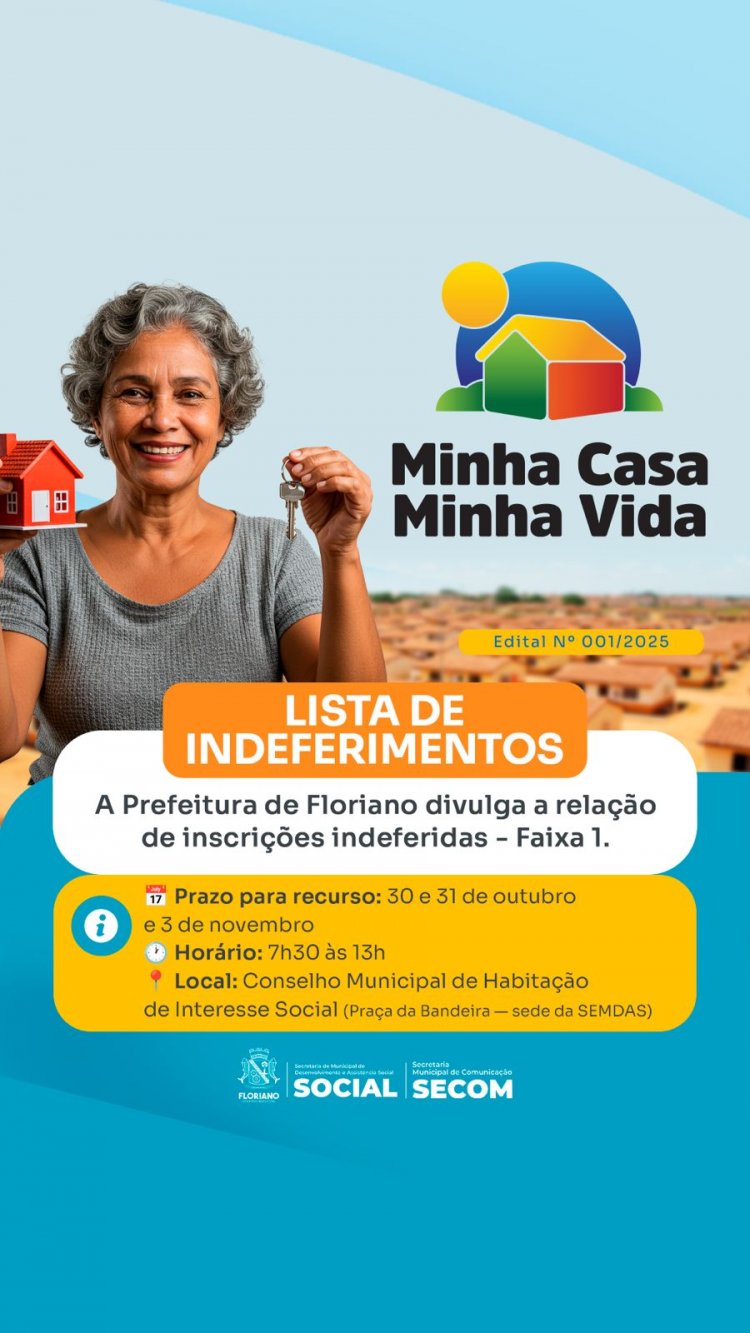 Prefeitura de Floriano divulga relação de inscrições indeferidas do programa ‘Minha Casa, Minha Vida’