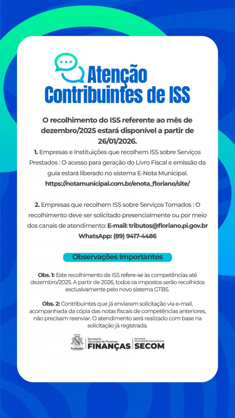 Prefeitura de Floriano emite informativo sobre recolhimento do ISS de dezembro/2025
