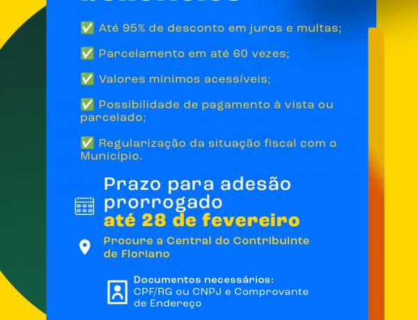 Prefeitura de Floriano estende prazo de adesão ao REFIS até 28 de fevereiro