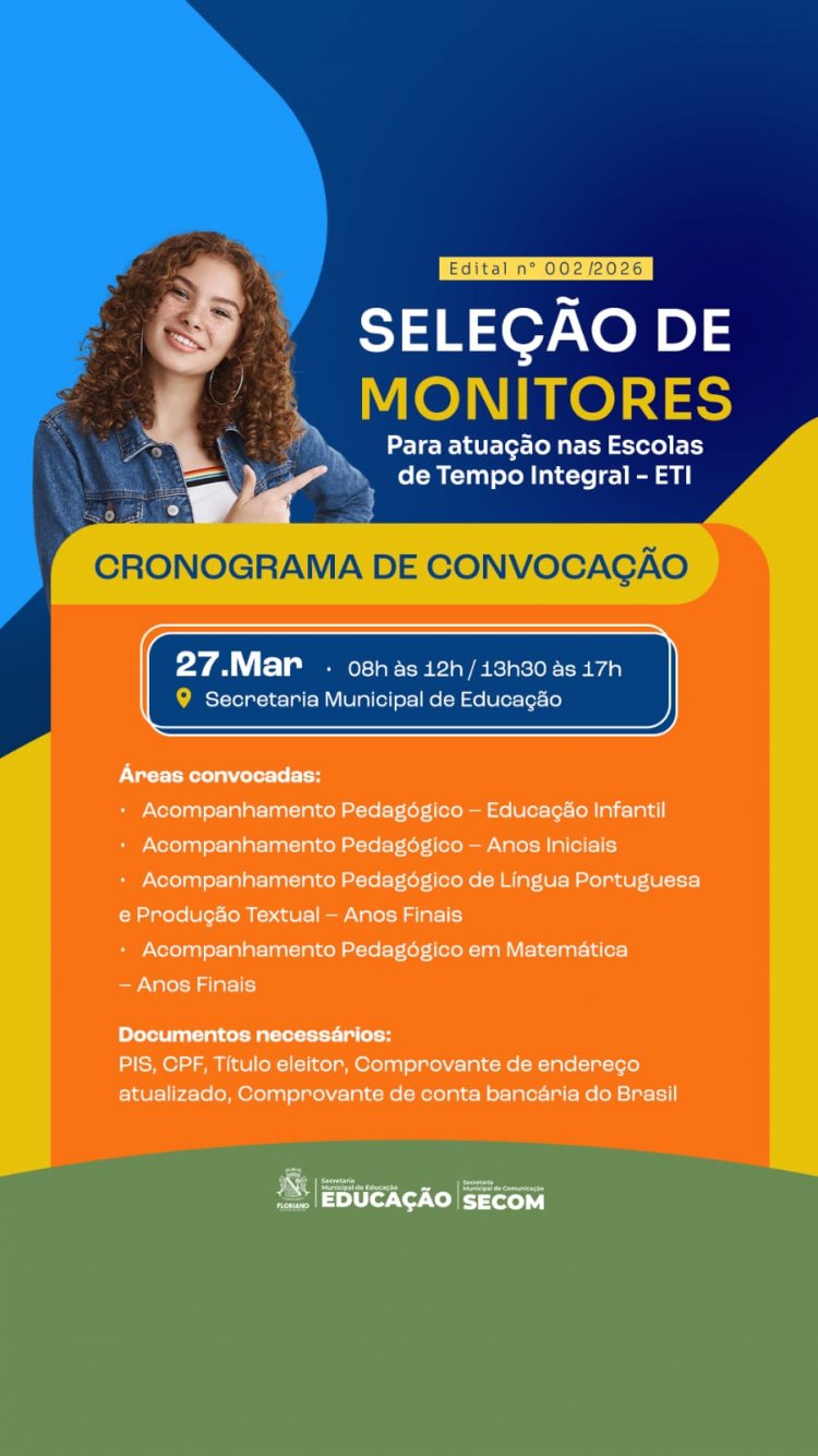 Prefeitura de Floriano divulga cronograma de comparecimento para monitores das Escolas de Tempo Integral