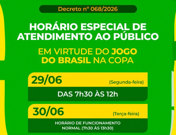 Prefeitura de Floriano decreta expediente até 12h nesta segunda-feira (29) por conta do jogo do Brasil